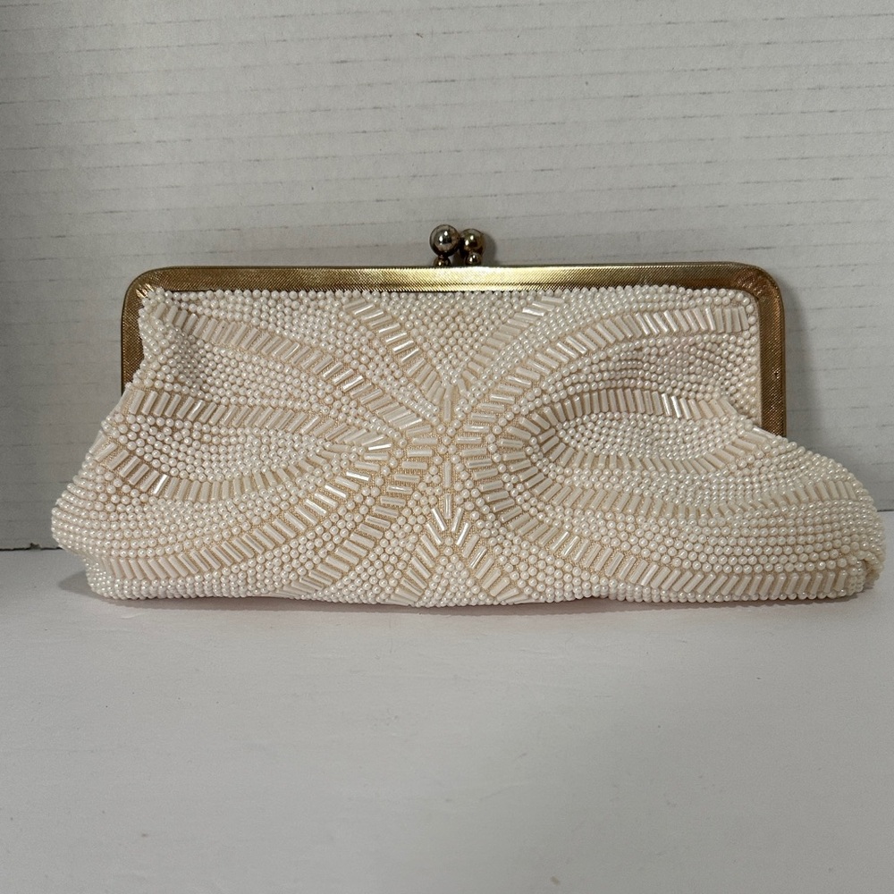 Vintage Elegant Cream Beaded Clutch or Shoulder Bag